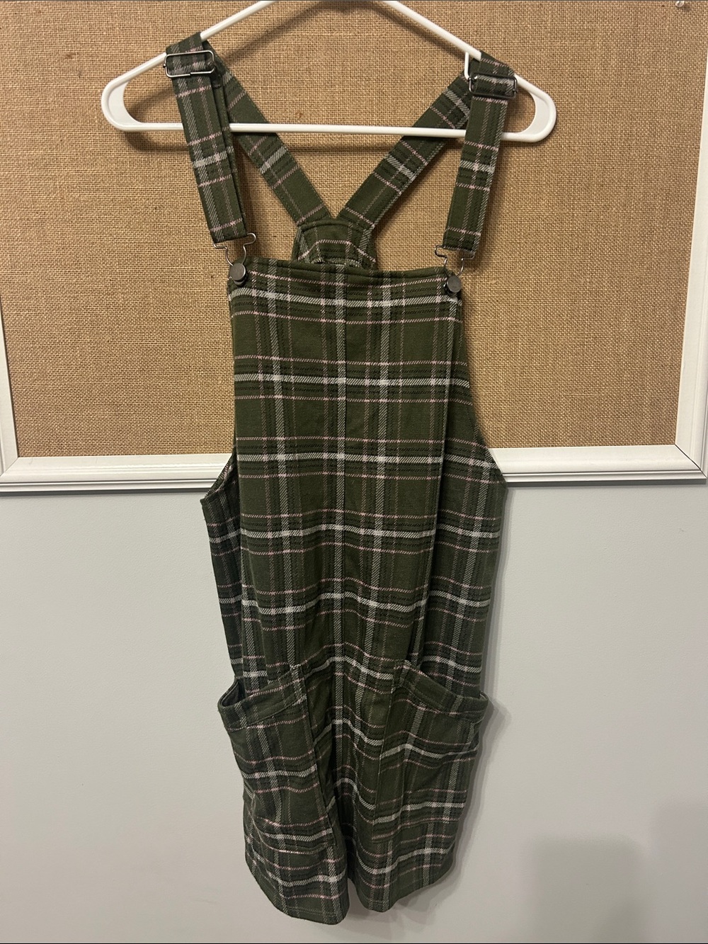 No Boundaries Olive Green Plaid Overall Romper